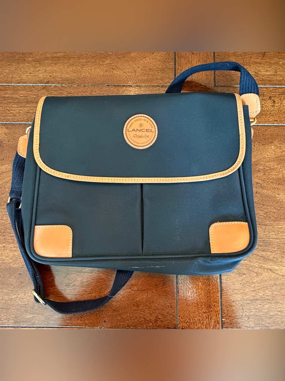 Lancel Black Messenger Bag with Tan Trim and Navy Strap